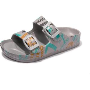 FUNKYMONKEY Unisex-Child Slides Double Buckle Adjustable EVA Flat Sandals for Boys Girls(Grey/Letters)