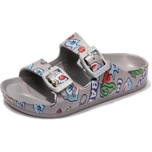 FUNKYMONKEY Unisex-Child Slides Double Buckle Adjustable EVA Flat Sandals for Boys Girls(Grey/Sea Animal)