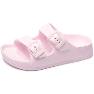 FUNKYMONKEY Unisex-Child Slides Double Buckle Adjustable EVA Flat Sandals for Boys Girls(Light Pink)