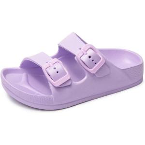 FUNKYMONKEY Unisex-Child Slides Double Buckle Adjustable EVA Flat Sandals for Boys Girls(Light Purple)