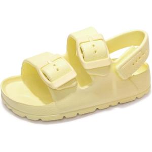 FUNKYMONKEY Unisex-Child Slides Double Buckle Adjustable EVA Flat Sandals for Boys Girls(Light Yellow/Hgd)