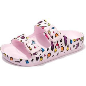 FUNKYMONKEY Unisex-Child Slides Double Buckle Adjustable EVA Flat Sandals for Boys Girls(Pink/Love)