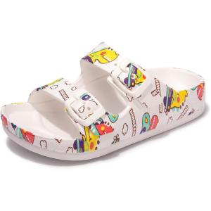 FUNKYMONKEY Unisex-Child Slides Double Buckle Adjustable EVA Flat Sandals for Boys Girls(White/Car)