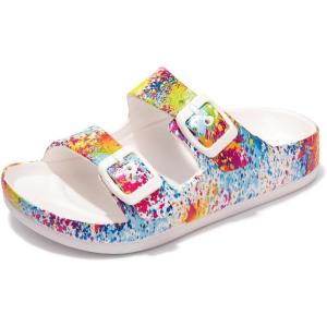 FUNKYMONKEY Unisex-Child Slides Double Buckle Adjustable EVA Flat Sandals for Boys Girls(White/Graffiti)