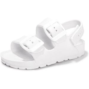 FUNKYMONKEY Unisex-Child Slides Double Buckle Adjustable EVA Flat Sandals for Boys Girls(White/Hgd)