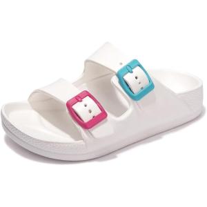 FUNKYMONKEY Unisex-Child Slides Double Buckle Adjustable EVA Flat Sandals for Boys Girls(White/Red/Blue)