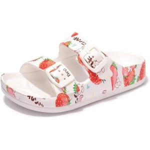 FUNKYMONKEY Unisex-Child Slides Double Buckle Adjustable EVA Flat Sandals for Boys Girls(White/Strawberry)