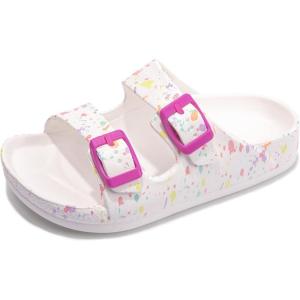 FUNKYMONKEY Unisex-Child Slides Double Buckle Adjustable EVA Flat Sandals for Boys Girls(White-mixed Color)