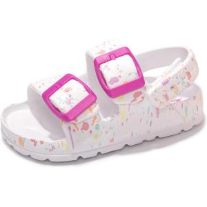 FUNKYMONKEY Unisex-Child Slides Double Buckle Adjustable EVA Flat Sandals for Boys Girls(White-mixed Color/Hgd)