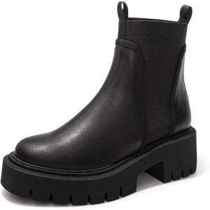 FUNKYMONKEY Women’s Chelsea Boot Lug Sole Mid Heel Fashion Ankle Bootie(Black)