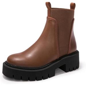 FUNKYMONKEY Women’s Chelsea Boot Lug Sole Mid Heel Fashion Ankle Bootie(Brown)