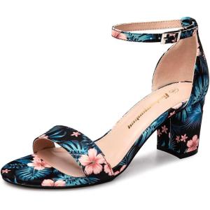 FUNKYMONKEY Women’s Chunky High Heels Sandals,Two Strap Open Toe Ankle Strap Heeled Sandal,Party Wedding Strappy Buckle Sandals(Black Flower)