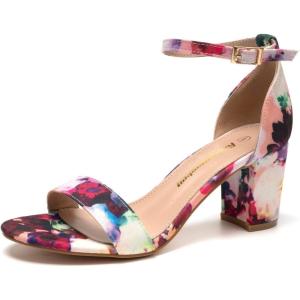 FUNKYMONKEY Women’s Chunky High Heels Sandals,Two Strap Open Toe Ankle Strap Heeled Sandal,Party Wedding Strappy Buckle Sandals(Flower)
