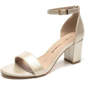 FUNKYMONKEY Women’s Chunky High Heels Sandals,Two Strap Open Toe Ankle Strap Heeled Sandal,Party Wedding Strappy Buckle Sandals(Light Champagne Gold)