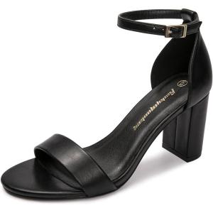 FUNKYMONKEY Women’s Chunky High Heels Sandals,Two Strap Open Toe Ankle Strap Heeled Sandal,Party Wedding Strappy Buckle Sandals(New Black)