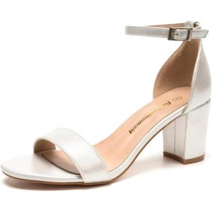 FUNKYMONKEY Women’s Chunky High Heels Sandals,Two Strap Open Toe Ankle Strap Heeled Sandal,Party Wedding Strappy Buckle Sandals(Silver)