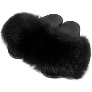 FUNKYMONKEY Women’s Slides Faux Fur Cute Slip On Fuzzy Slippers Comfort Flat Sandals(New Black)