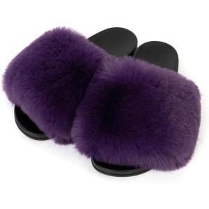FUNKYMONKEY Women’s Slides Faux Fur Cute Slip On Fuzzy Slippers Comfort Flat Sandals(Purple)