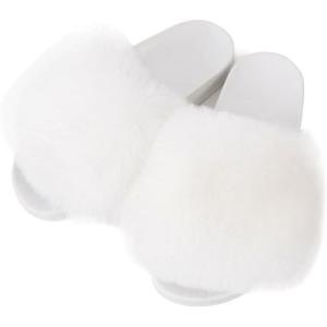 FUNKYMONKEY Women’s Slides Faux Fur Cute Slip On Fuzzy Slippers Comfort Flat Sandals(White)