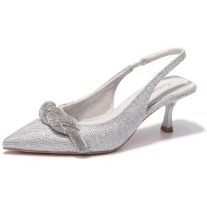 FUNKYMONKEY Women’s Slingback Pumps Shoes, Elastic Strap Pointed Toe Kitten Heel Dress Wedding Party Shoes(Silver)