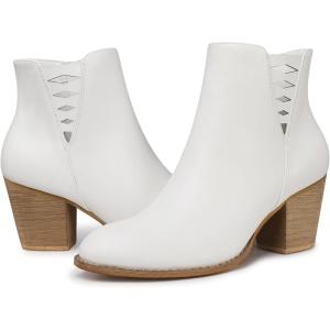 TEMOFON Ankle Boots for Women Booties: Suede Short Boot with Chunky Low Heel, Almond Toe Comfortable Dressy Shoes Side Zipper 2025 Trendy Fall(White Leather)