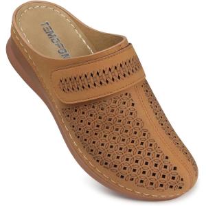TEMOFON Clogs for Women Mules Shoes: Comfortable Arch Support Closed Toe Sandals Backless Low Wedge Slip on Shoes(92-brown)