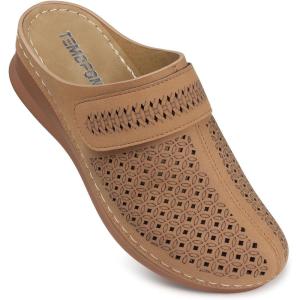 TEMOFON Clogs for Women Mules Shoes: Comfortable Arch Support Closed Toe Sandals Backless Low Wedge Slip on Shoes(92-tan)