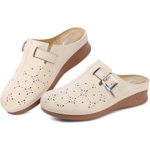 TEMOFON Clogs for Women Mules Shoes: Comfortable Arch Support Closed Toe Sandals Backless Low Wedge Slip on Shoes(Apricot)