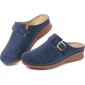 TEMOFON Clogs for Women Mules Shoes: Comfortable Arch Support Closed Toe Sandals Backless Low Wedge Slip on Shoes(Darkblue)
