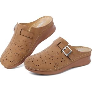 TEMOFON Clogs for Women Mules Shoes: Comfortable Arch Support Closed Toe Sandals Backless Low Wedge Slip on Shoes(Tan)