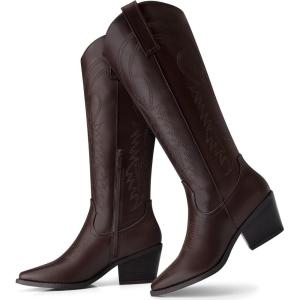 TEMOFON Cowboy Boots for Women Cowgirl: Knee High Pointed Toe Chunky Heel Wide Calf Booties with Side Zipper Fall Winter(18-brown)