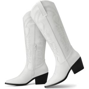 TEMOFON Cowboy Boots for Women Cowgirl: Knee High Pointed Toe Chunky Heel Wide Calf Booties with Side Zipper Fall Winter(18-white)