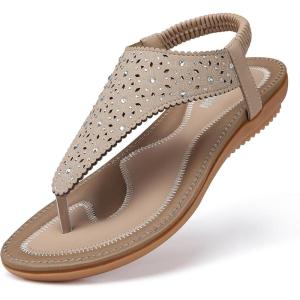 TEMOFON Flats Sandals for Women Dressy: Elastic Ankle Strap Flat – T-Strap Thong Sandal Women – Comfortable Beach Sandals Size 5-10(11 Apricot)
