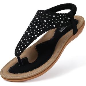 TEMOFON Flats Sandals for Women Dressy: Elastic Ankle Strap Flat – T-Strap Thong Sandal Women – Comfortable Beach Sandals Size 5-10(11 Black)