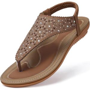 TEMOFON Flats Sandals for Women Dressy: Elastic Ankle Strap Flat – T-Strap Thong Sandal Women – Comfortable Beach Sandals Size 5-10(11 Brown)
