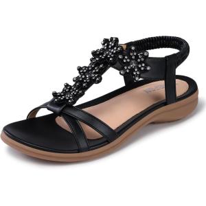 TEMOFON Flats Sandals for Women Dressy: Summer Elastic Ankle Strap Flat Sandals – Comfortable Beach Women(25-black)