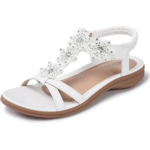 TEMOFON Flats Sandals for Women Dressy: Summer Elastic Ankle Strap Flat Sandals – Comfortable Beach Women(25-white)