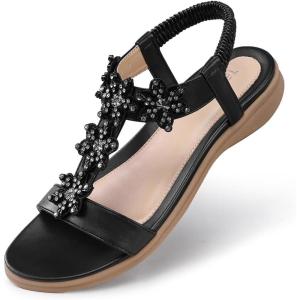 TEMOFON Flats Sandals for Women Dressy: Summer Elastic Ankle Strap Flat Sandals – Comfortable Beach Women(26-black)