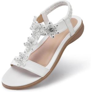 TEMOFON Flats Sandals for Women Dressy: Summer Elastic Ankle Strap Flat Sandals – Comfortable Beach Women(26-white)