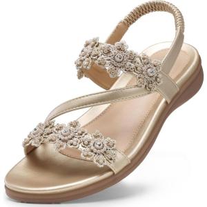 TEMOFON Sandals for Women Flat Dressy: Summer Flower Sandals with Ankle Strap Comfortable Casual Walking Flat Sandals Size 5-11(23-champagne)
