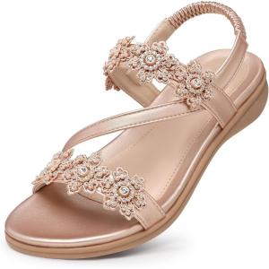 TEMOFON Sandals for Women Flat Dressy: Summer Flower Sandals with Ankle Strap Comfortable Casual Walking Flat Sandals Size 5-11(23-rose Gold)