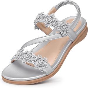 TEMOFON Sandals for Women Flat Dressy: Summer Flower Sandals with Ankle Strap Comfortable Casual Walking Flat Sandals Size 5-11(23-silver)