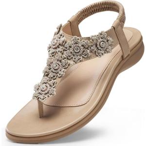 TEMOFON Sandals for Women Flat Dressy: Summer Flower Sandals with Ankle Strap Comfortable Casual Walking Flat Sandals Size 5-11(28-apricot)