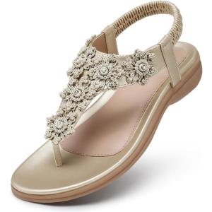 TEMOFON Sandals for Women Flat Dressy: Summer Flower Sandals with Ankle Strap Comfortable Casual Walking Flat Sandals Size 5-11(28-champagne)