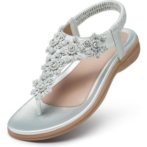 TEMOFON Sandals for Women Flat Dressy: Summer Flower Sandals with Ankle Strap Comfortable Casual Walking Flat Sandals Size 5-11(28-siilver)