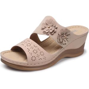 TEMOFON Sandals for Women Summer Wedge: Soft Hollow Out Dressy Slides Sandals, Rubber Sole, Comfortable Walking, Casual Slip on Platform Shoes(52 Apricot)