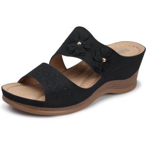 TEMOFON Sandals for Women Summer Wedge: Soft Hollow Out Dressy Slides Sandals, Rubber Sole, Comfortable Walking, Casual Slip on Platform Shoes(52 Black)