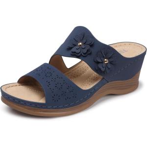 TEMOFON Sandals for Women Summer Wedge: Soft Hollow Out Dressy Slides Sandals, Rubber Sole, Comfortable Walking, Casual Slip on Platform Shoes(52 Darkblue)
