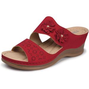 TEMOFON Sandals for Women Summer Wedge: Soft Hollow Out Dressy Slides Sandals, Rubber Sole, Comfortable Walking, Casual Slip on Platform Shoes(52 Red)
