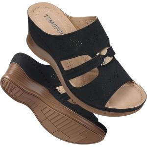 TEMOFON Sandals for Women Summer Wedge: Soft Hollow Out Dressy Slides Sandals, Rubber Sole, Comfortable Walking, Casual Slip on Platform Shoes(Black)